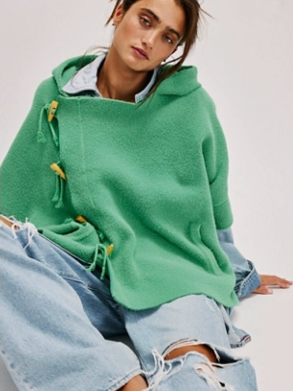 Free People Hooded Toggle Poncho, Green - OS